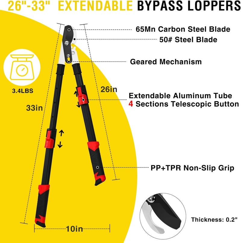 Yesker 26-33 Inch Extendable Bypass Loppers for Tree Trimming Heavy Duty Powerful Gear Tree Trimmer w Non-slip Handle Sharp Steel Blade up to 1.8" Cut Capacity Branch Cutter Chops Thick Branches Ease - Image 3